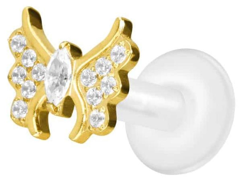Ohrpiercing, Nasenpiercing PTFE Labret mit Innengewinde + Titan-Aufsatz KRISTALLSCHMETTERLING Gold Stablänge: 6mm | Stabstärke: 1,6mm