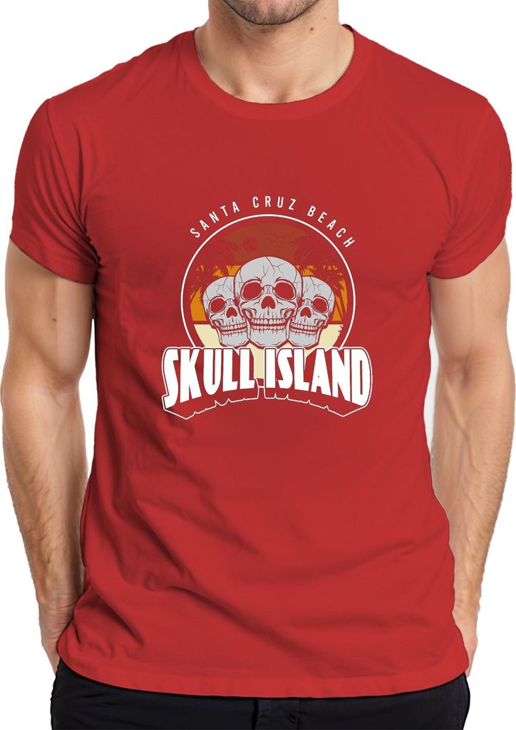 Totenkopf Skull Island Santa Cruz Strand Palmen Retro Vintage Herren T-Shirt, Rot, L