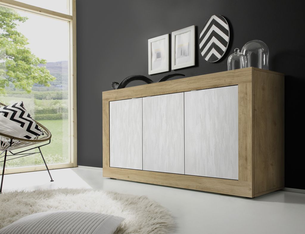 Sideboard >Belinda< in Eiche Cadiz / Weiss - 160x86x43cm (BxHxT)