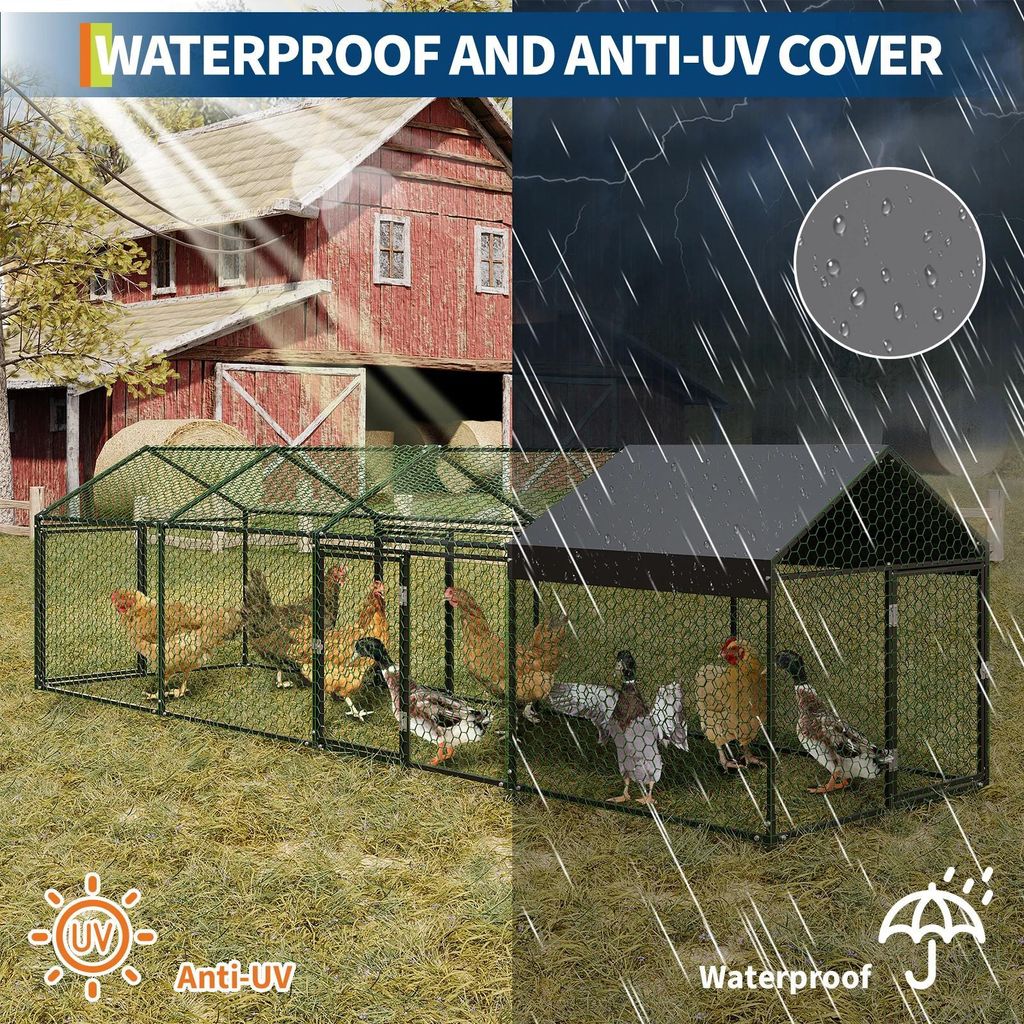 Outdoor Hühnergehege - Geflügelkäfig - 3 x 1 x 1 m - Eisenrahmen - Wasserdichte UV-beständige Abdeckung - Mit Tür - Für Hühner und Enten - G...