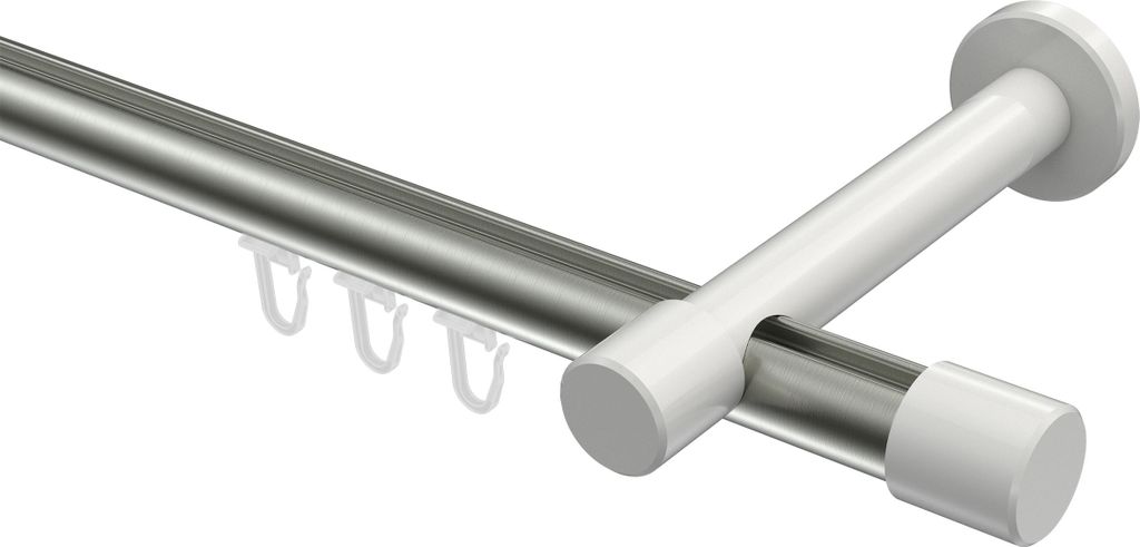 Interdeco Innenlaufstange / Gardinenstange mit Innenlauf Edelstahl-Optik / Weiß, Typ Prestige Santo (Kappe), 20 mm Ø 1-läufig, 400 cm