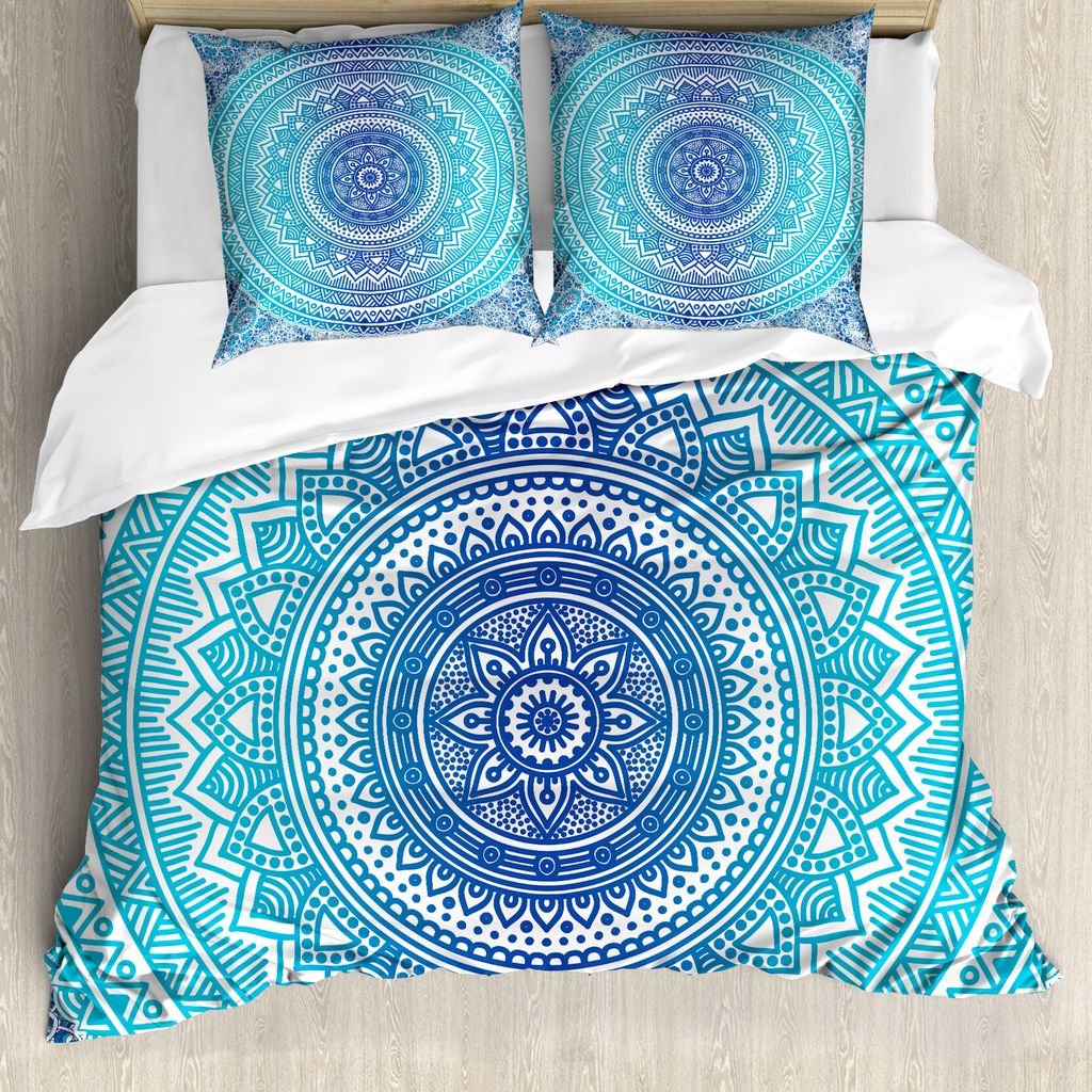 ABAKUHAUS Blau und Pink Bettbezug, Mandala-Muster, Milbensicher Allergiker geeignet mit Kissenbezügen, 155 cm x 220 cm - 80 x 80 cm, Blau Weiß un...