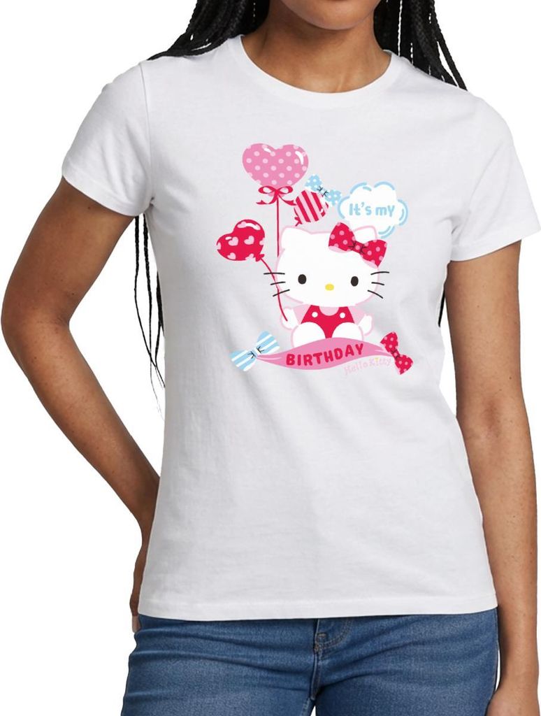 Spreadshirt Hello Kitty Mit Ballons Mein Geburtstag Frauen T-Shirt, M, Weiß