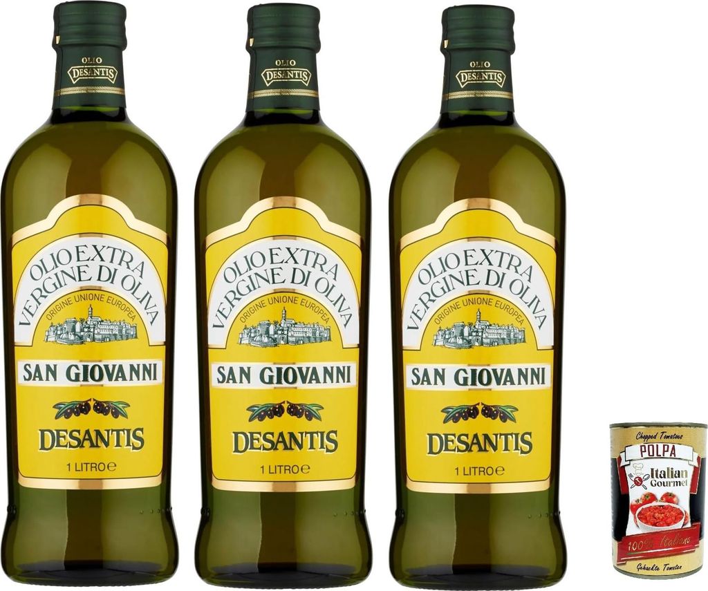 Desantis Olio Extra Vergine di Oliva San Giovanni, extra nativ Öl, Olivenöl 3x1 Lt + Italian Gourmet Polpa 400g