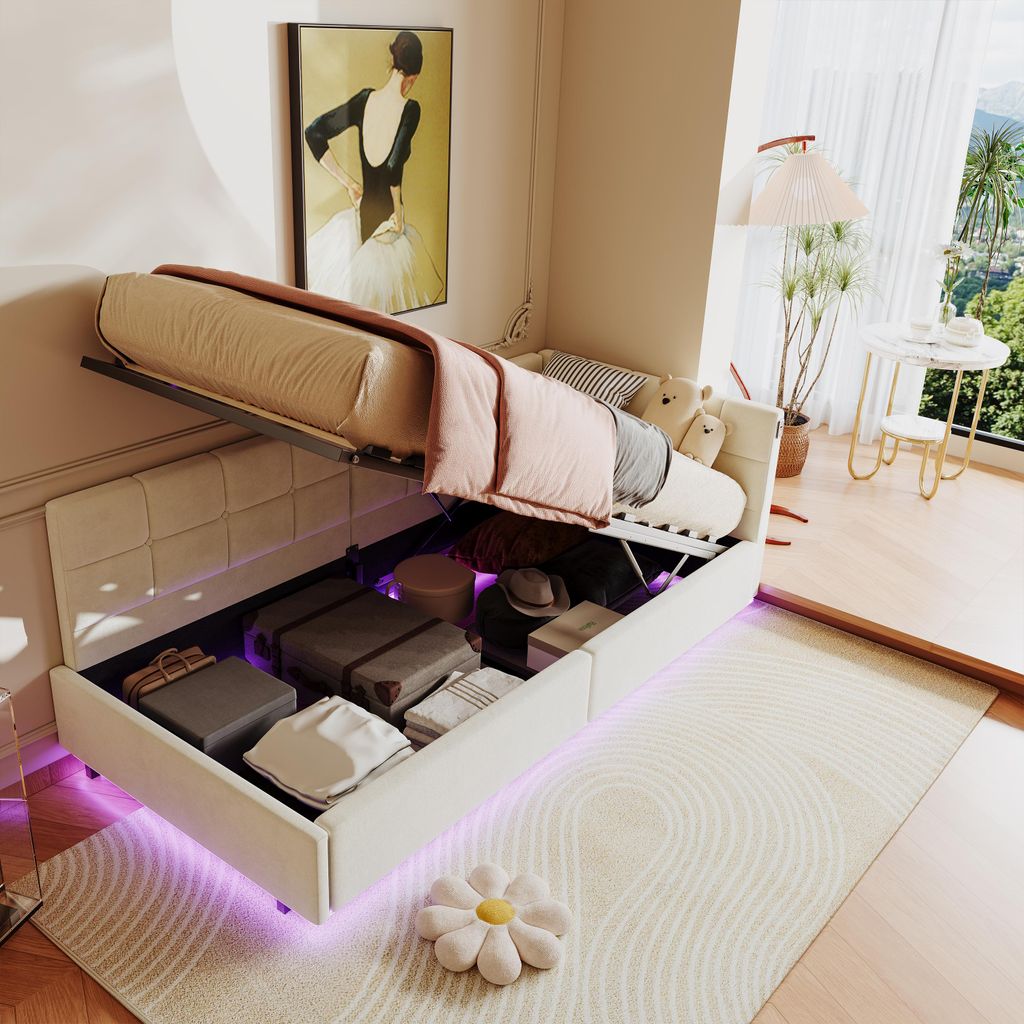 Fortuna Lai Polsterbett 90x200 cm, Einzelbett mit hydraulischem Stauraum, LED und USB, Multifunktionales Polster-Sofabett mit Lattenrost, ohne Matr...