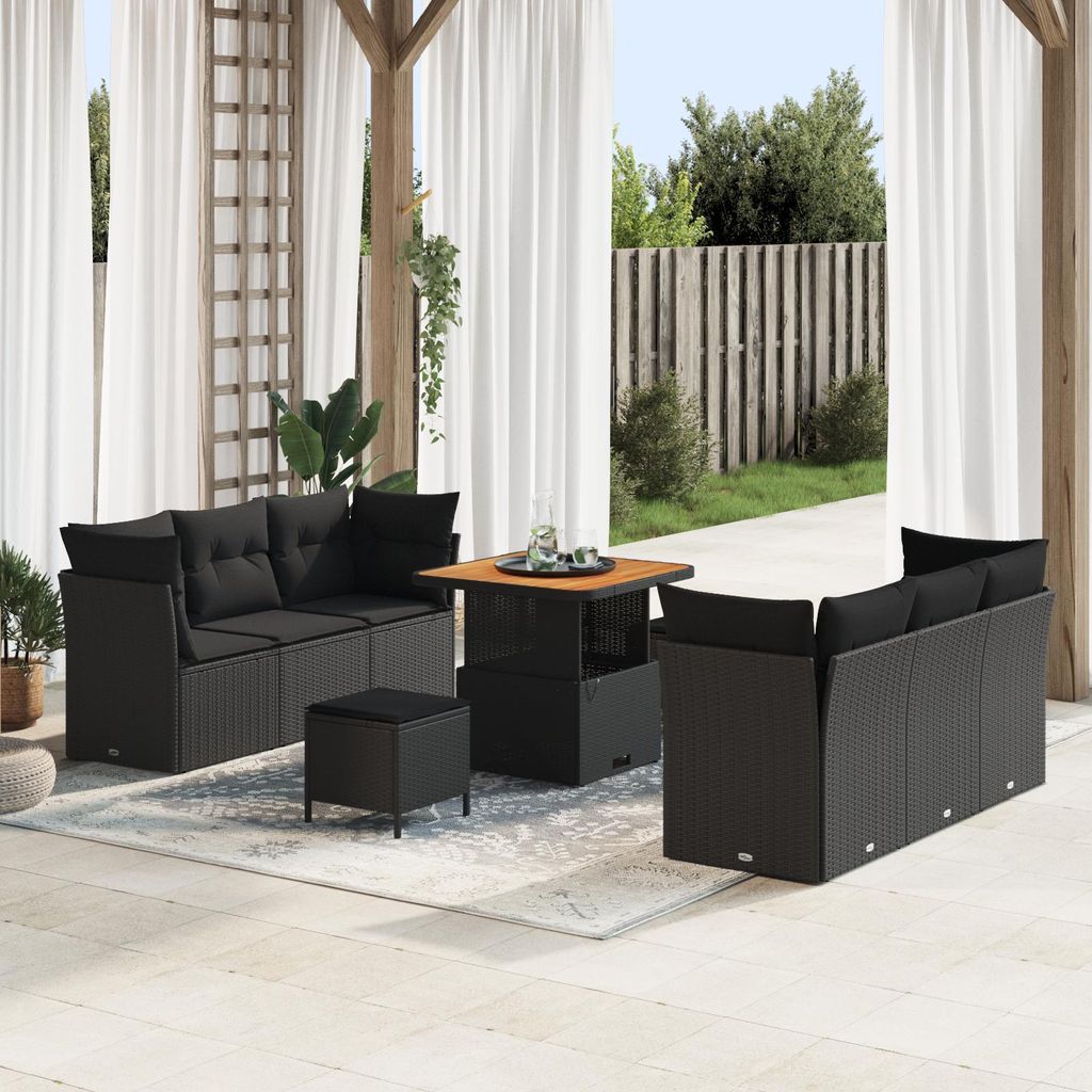 9-teilige Garten-Sofa-Set mit Kissen Schwarz Poly-Rattan Akazie, Gartensofas DesignMöbel Neu