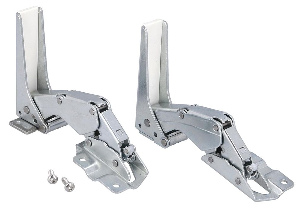 Two metal hinges with white plastic inserts are shown against a white background. Two small screws are also visible in the foreground.