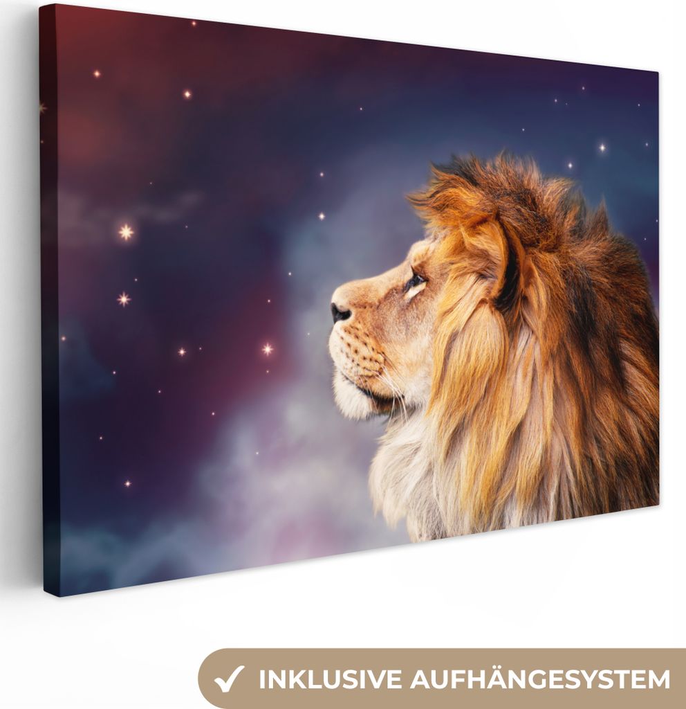 OneMillionCanvasses - Leinwandbilder - 140x90 cm, Löwen - Sternenhimmel - Farben, Wandbilder Kunstdruck Wanddekoration