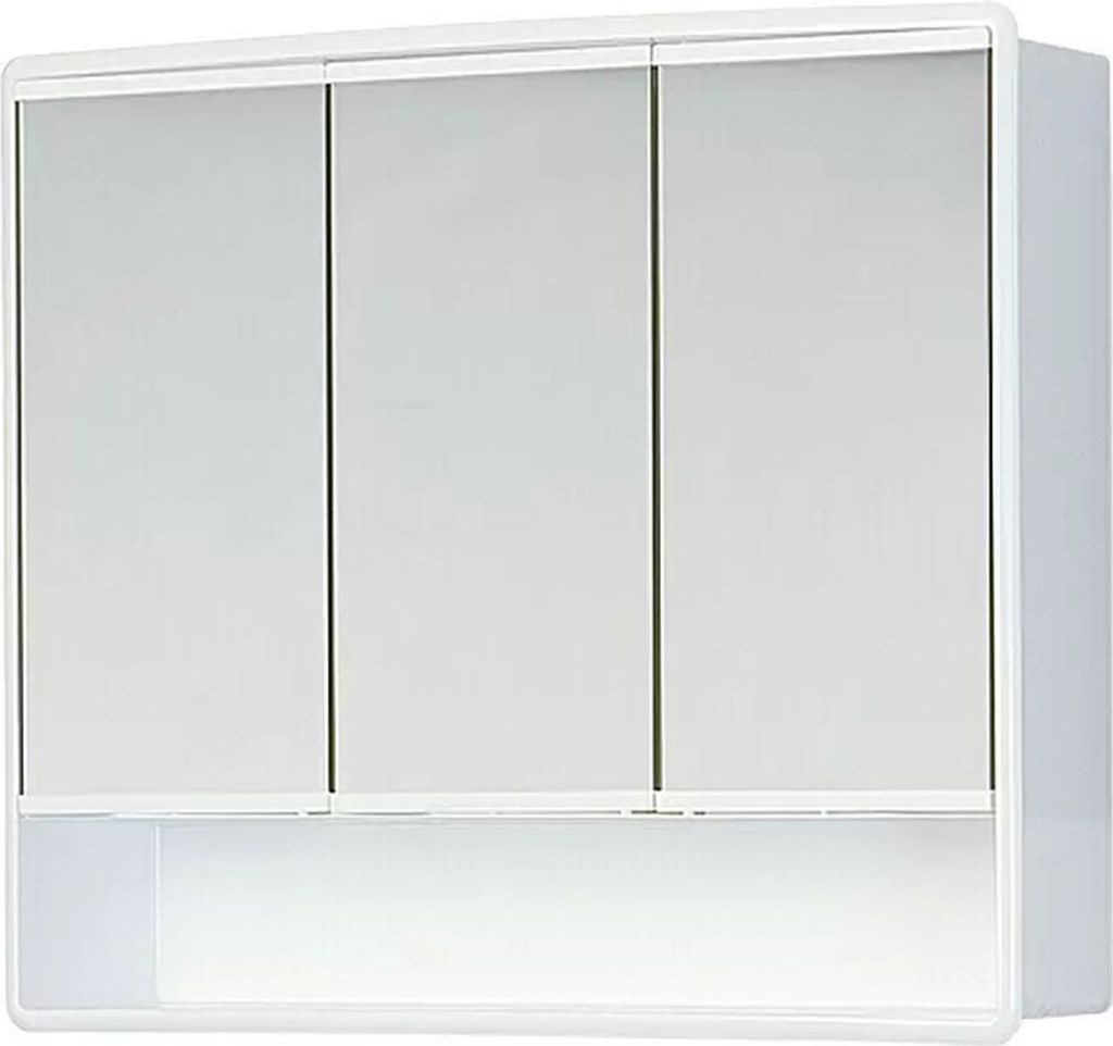 A white medicine cabinet with three mirrored doors and an open shelf below.