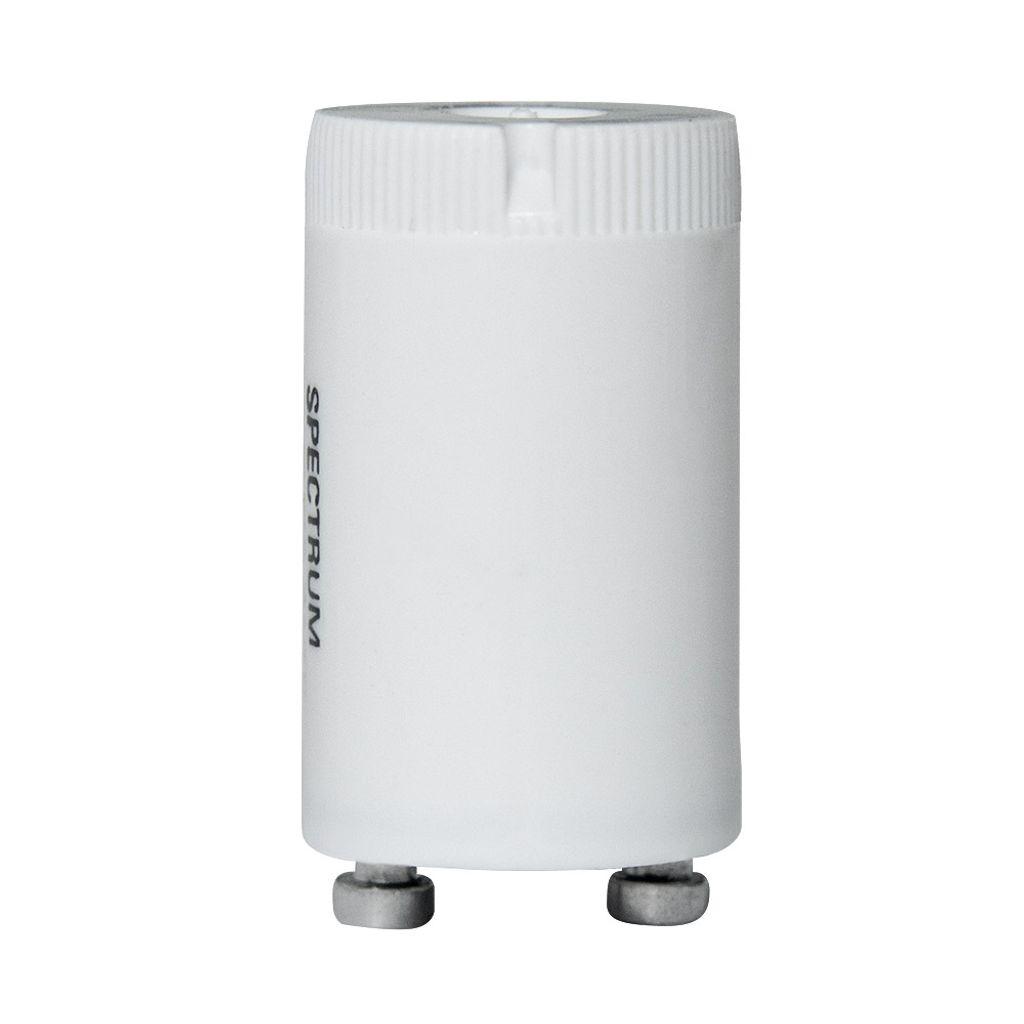 A white cylindrical object with a ribbed top and two metal prongs at the bottom, against a white background.