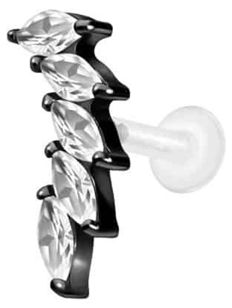 Ohrpiercing, Nasenpiercing PTFE Labret mit Innengewinde + Titan-Aufsatz 5 EINGEFASSTE KRISTALLTROPFEN Schwarz Stablänge: 5mm | Stabstärke: 1,2mm