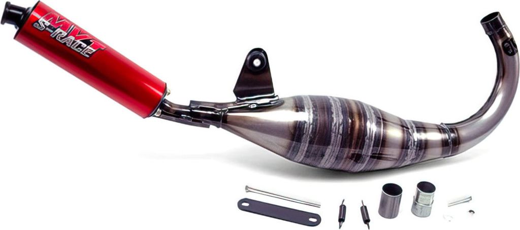 A red and silver exhaust system for a motorcycle, displayed on a white background.