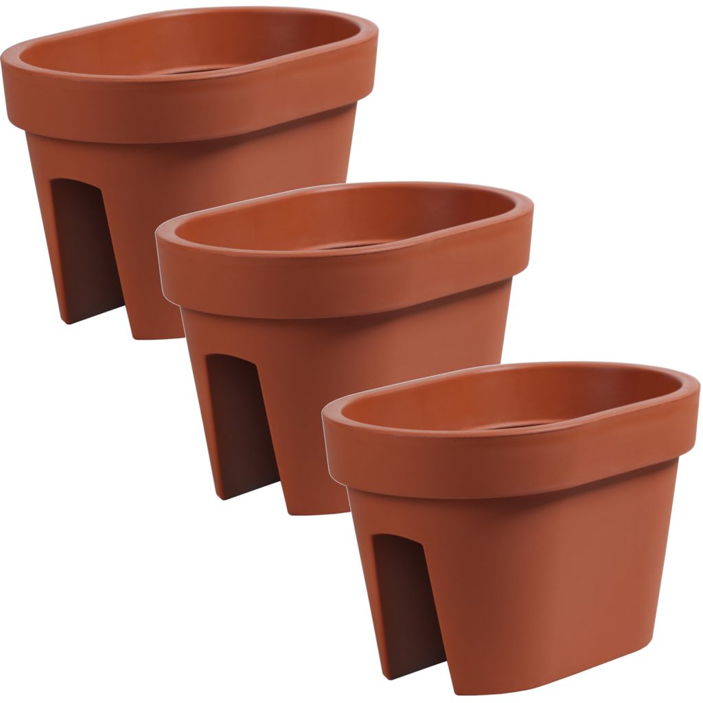Three terracotta-colored oval balcony planters are arranged in a staggered formation against a white background.