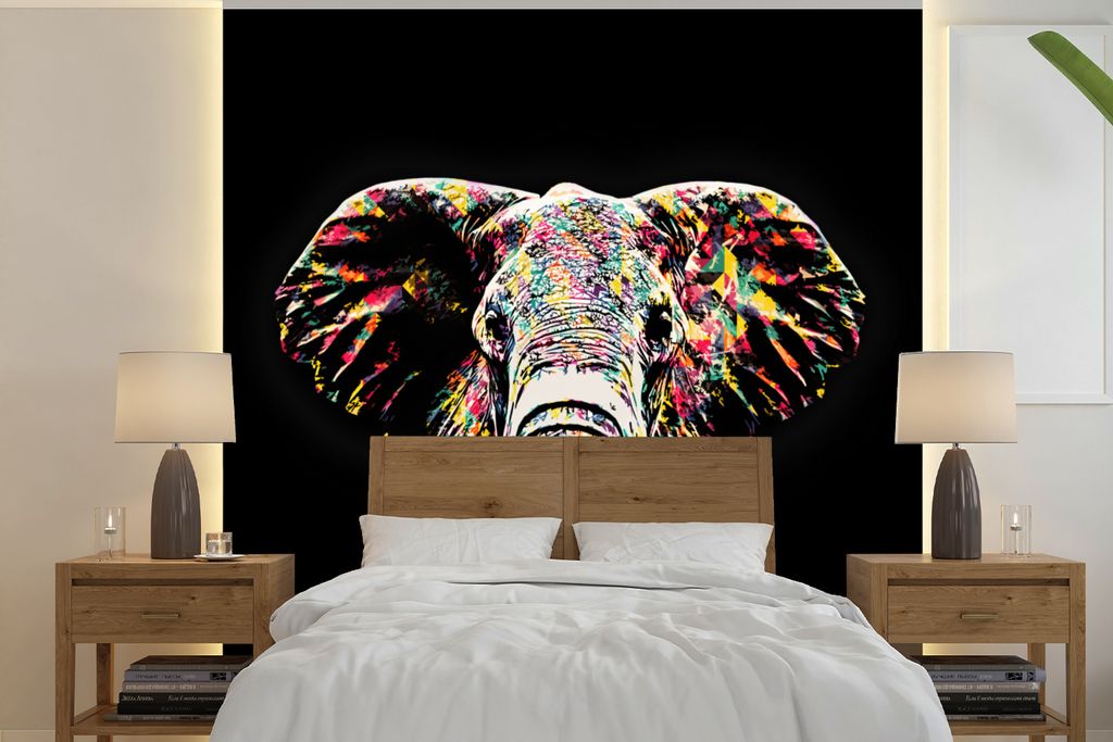 MuchoWow Fototapete für Wohnzimmer oder Schlafzimmer Wandtapete Vinyl Motivtapete Elefant - Tiere - Farben - 260x260 cm - Papiertapeten