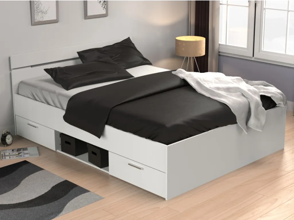 Cadre de lit double 140x190cm avec tiroirs Blanc - Collection GASPARD