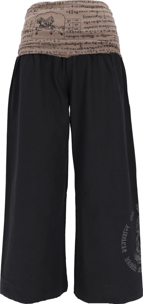 Weite Marlenehose, Buddha Wellnesshose, Yogahose, Boho Hose mit Breitem Bund - Schwarz/khaki, Damen, Baumwolle, Größe: L