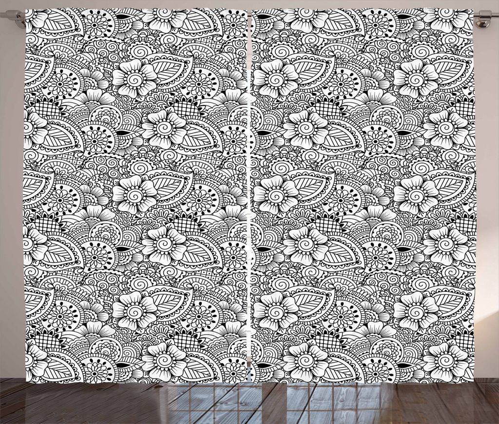 ABAKUHAUS Ethnisch Rustikaler Gardine, Motive Kultur Kunst, Schlafzimmer Kräuselband Vorhang mit Schlaufen und Haken, 280 x 175 cm, Weiß und Schwarz