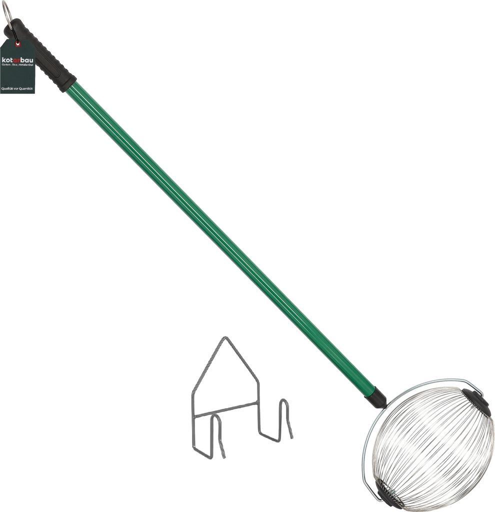 A product shot of a nut collector tool with a green handle and a wire basket, along with a small metal stand.