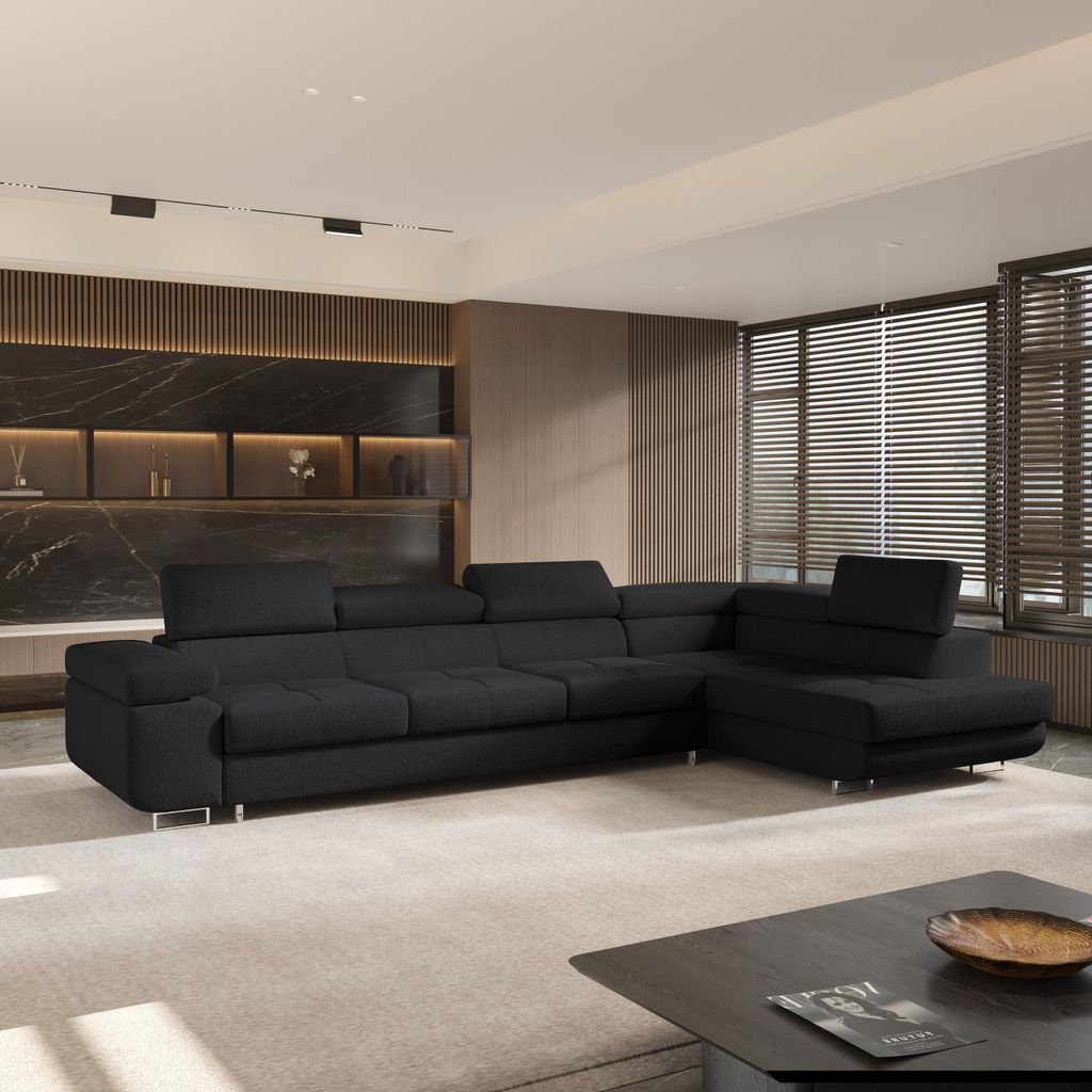 Masseno Ecksofa VICENTE mit Schlaffunktion L-Form, Sofa mit Bettkasten, Wohnzimmersofa, Couch, Soffa, Bettsofa, Couchgarnitur- Schwarz, QUELLE 100