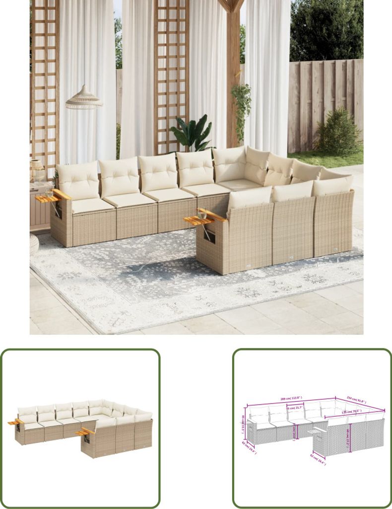 The Living Store 10-tlg. Garten-Sofagarnitur mit Kissen Beige Poly Rattan