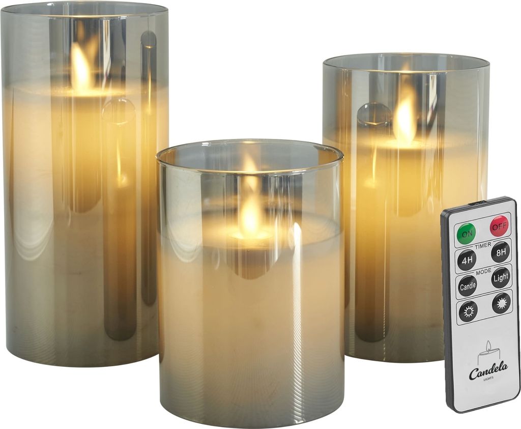 Candela Lights LED Kerzenglas 3er Set Grau Echtwachs inkl. Produktbild 