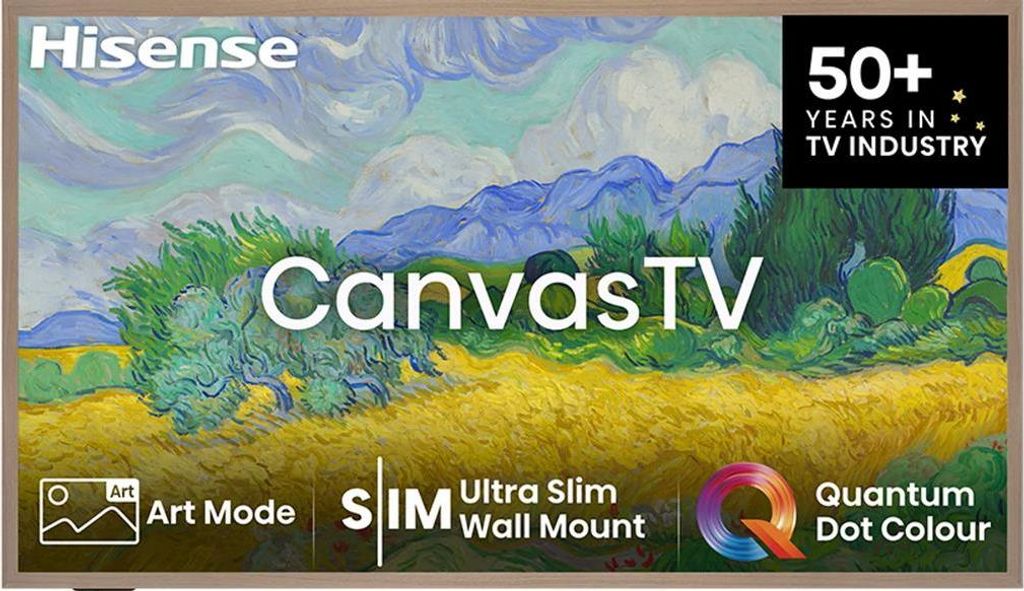 A television screen displaying a painting with overlaid text and logos.