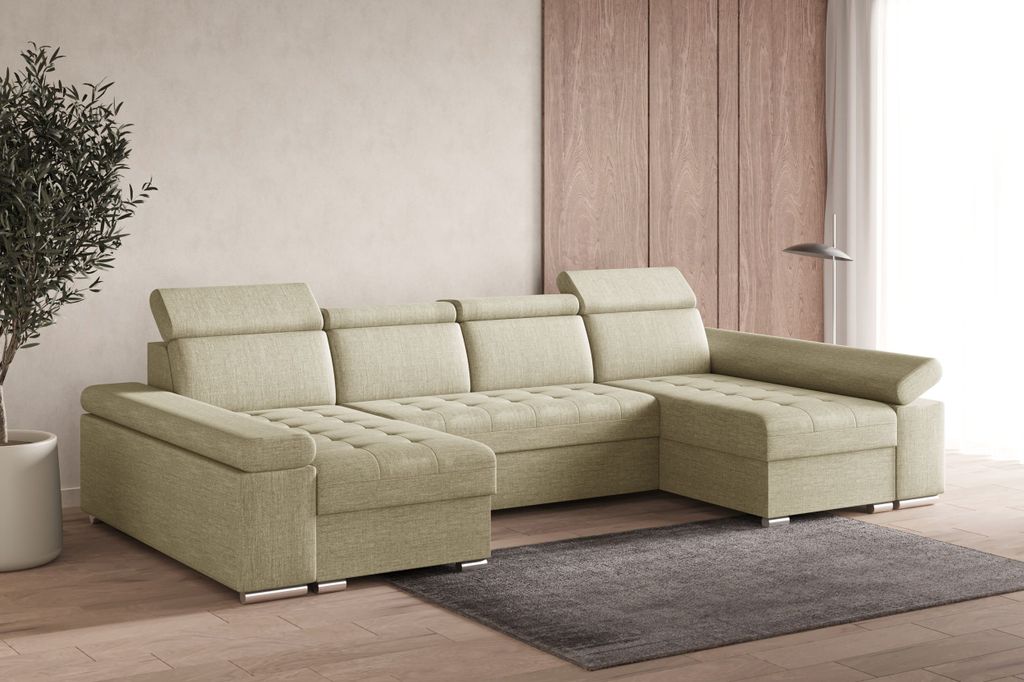 Ecksofa U mit Schlaffunktion, verstellbaren Kopfstützen & Bettkasten – Großes Wohnlandschaft Sofa mit Stauraum - Ecksofa Luka U - Beige (Twist 01)