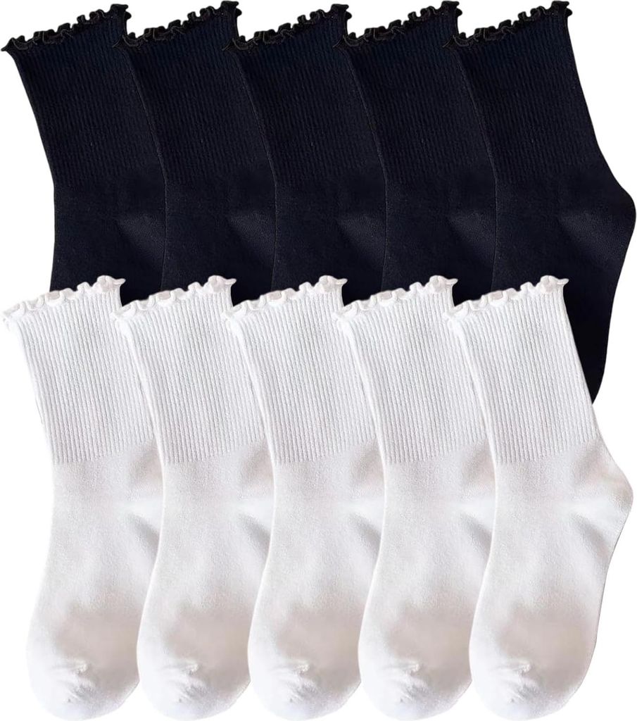 10 Paar Rüschen Socken Damen Weiße/Schwarz Baumwolle Socken Produktbild 