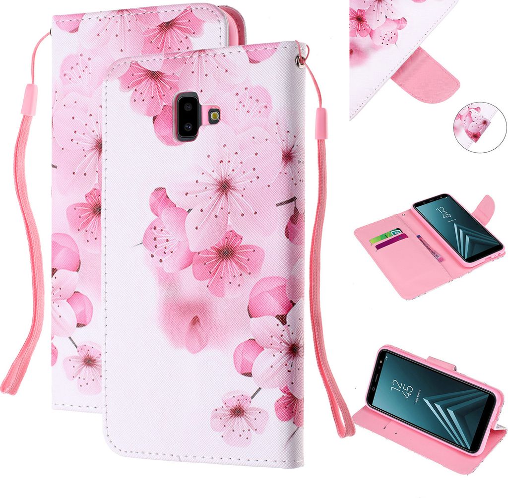 Für Samsung J4 Plus/J6 Plus Cartoon Telefon Shell Delicate Smartphone Case Kunstleder Overall Schutz Geldbörse Design Pfirsichblüte