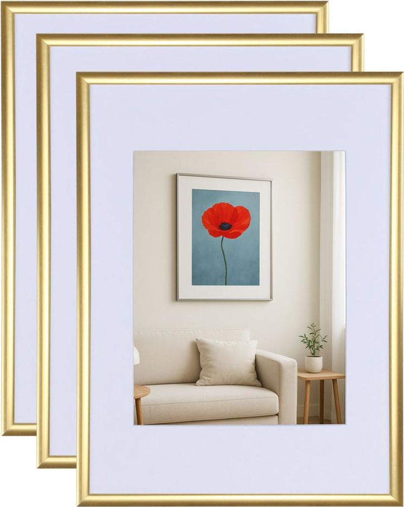 3er 5er Set New Lifestyle Kunststoff Bilderrahmen mit Passepartout & Klarglas Collage Wanddeko Poste - Farbe: 3er Pack Gold | Format: 30x30