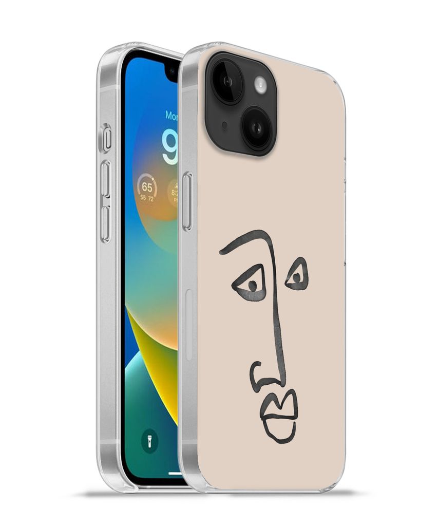 MuchoWow Handyhülle Schutzhülle Hülle für Apple iPhone 14 - Softcase Gesicht - Rosa - Strichzeichnung Silikon Softcase Handy Hülle - Mobilte...