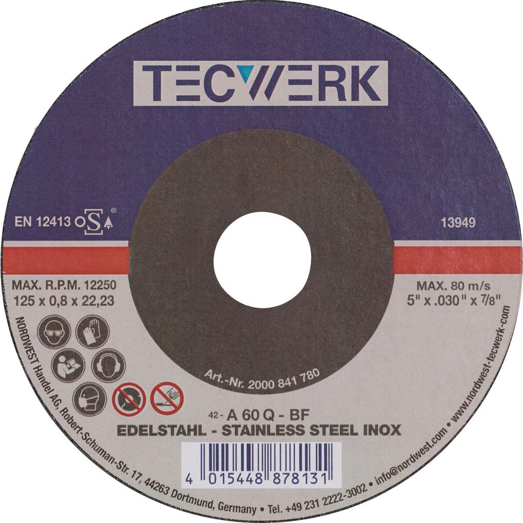 Tecwerk Trennscheibe D125x0,8mm gekröpft INOX Bohrung 22,23 mm - 25 Stk.