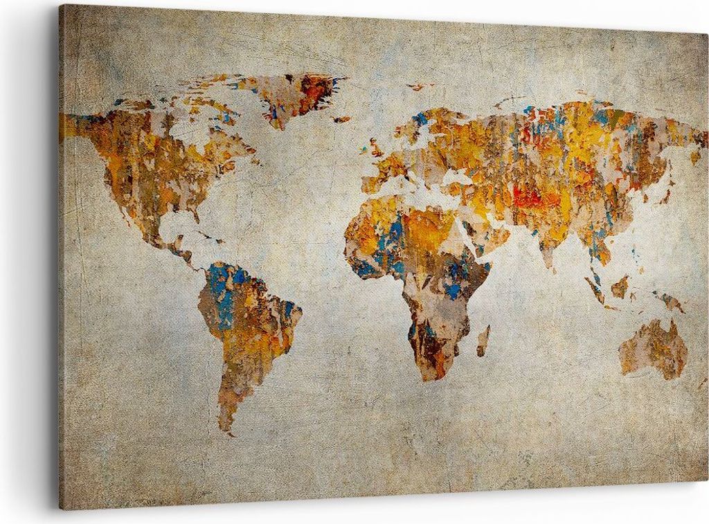 Bild auf Leinwand - Leinwandbild - Welt Karte Kontinente Geographie - 100x70cm - Wand Bild - Wanddeko - Leinwanddruck - Bilder - Kunstdruck - Leinw...