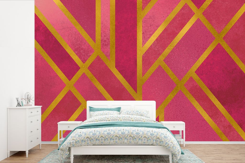 MuchoWow Fototapete für Wohnzimmer oder Schlafzimmer Wandtapete Vinyl Motivtapete Gold - Design - Rosa - 525x350 cm - Das Hintergrundbild