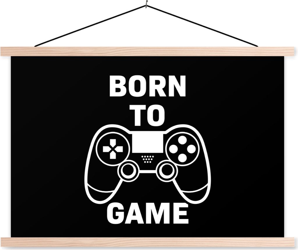 MuchoWow Textilposter Gaming - Zitate - Controller - Zum Spielen geboren - Schwarz - Weiß 120x80 cm mit holzfarbenen Rahmen - Aufhängeset