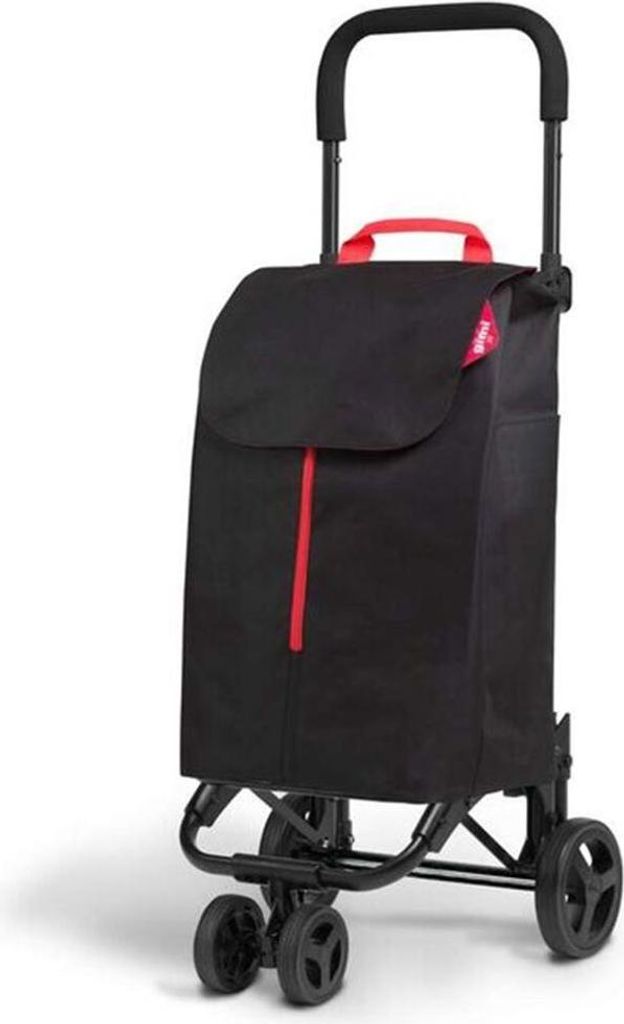 A black shopping trolley with red accents is shown against a white background.