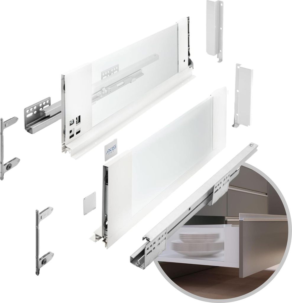 GTV - Schubladensystem AXIS PRO | Schublade mit Glasseiten | Schubkasten | Schubkastensystem | Höhe: 167 mm Länge: 400 mm | Weiß mit milchigem Glas