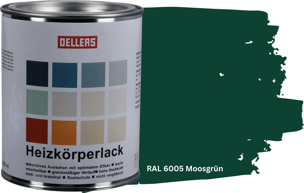 OELLERS Heizkörperlack DIY 1L – RAL 6005 Moosgrün | Heizkörperfarbe & Heizungsfarbe | Hochdeckender Heizungslack | Hitzebeständig & langlebig