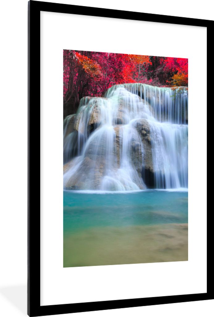 MuchoWow Gerahmtes Poster Wasserfall - Bäume - Rot - Landschaft - Natur 60x90 cm - Poster mit Schwarzem Bilderrahmen Wandposter Rahmen Foto Bild...