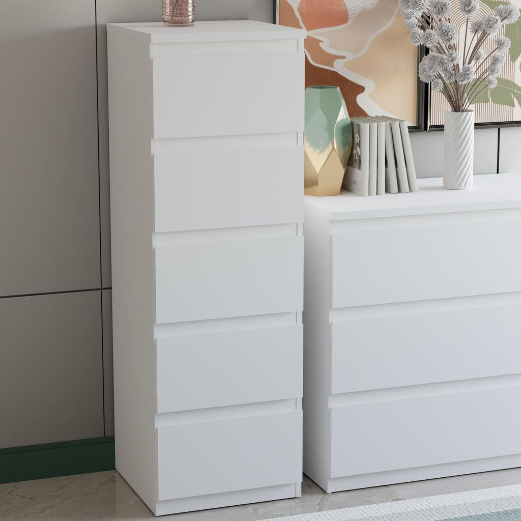 Forte EDMORE Kommode 40 50, moderne, vertikale Kommode mit 5 Schubladen, Holzwerkstoff, Weiß, 41,8 cm breit x 128 cm hoch x 42,2 cm tief