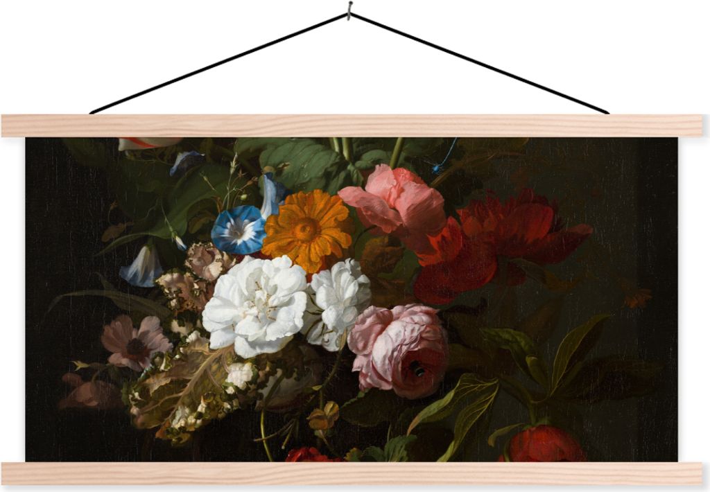 MuchoWow Textilposter Vase mit Blumen - Gemälde von Rachel Ruysch 120x60 cm mit holzfarbenen Rahmen - Klemmleiste