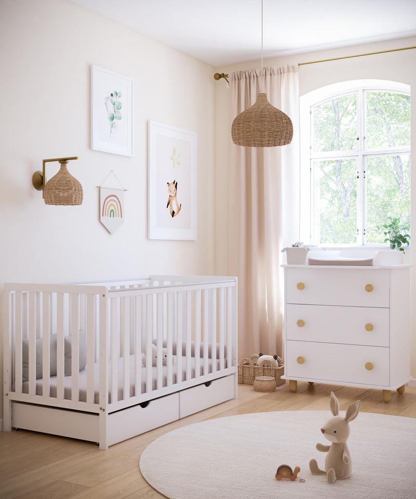 ZEE BAMBI Weiß Babybett 140x70 cm 2in1 mit 2 Schubladen Klassisches Gitterbett 3-Fach Höhenverstellbar Kinderbett mit Beißschutz