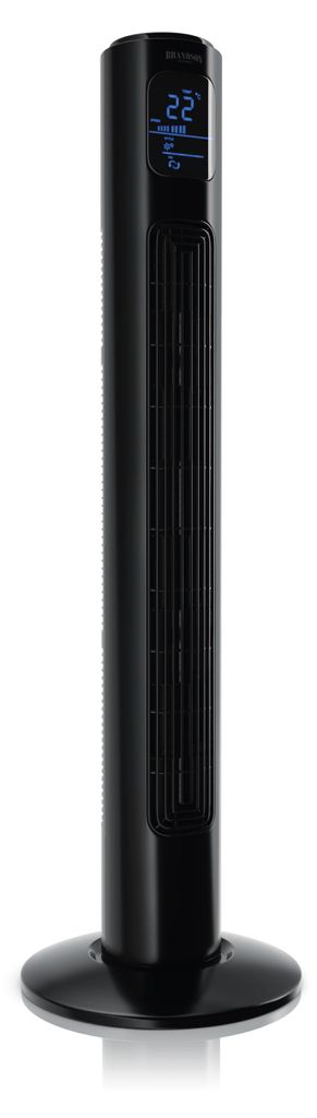 A black tower fan with a digital display showing the temperature.