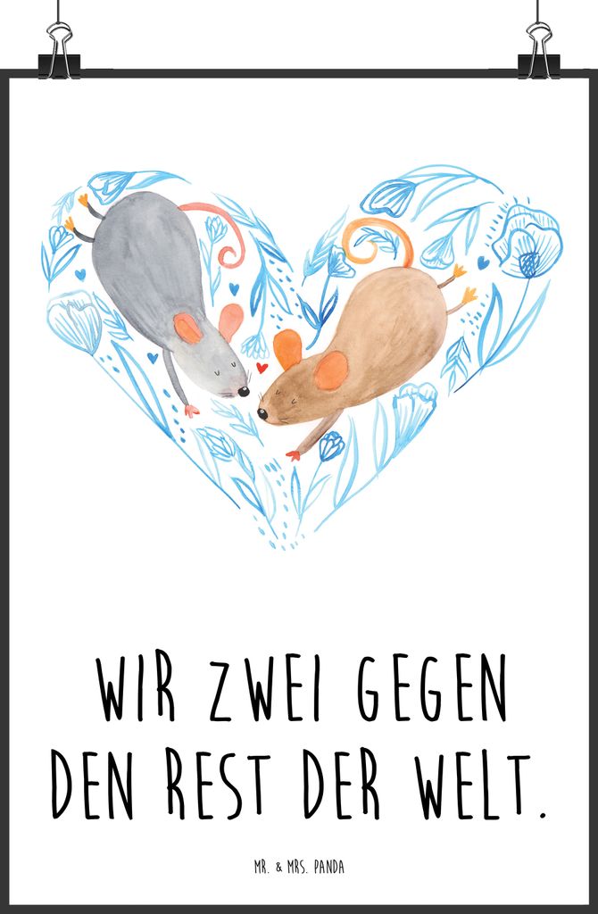 Mr. & Mrs. Panda Bild Mäuse Herz DIN A1 - Weiß - Geschenk, Kunstdruck, Maus, glücklich, wanddeko, Posterdruck, Hochzeit, für Immer, Deko, Love,...