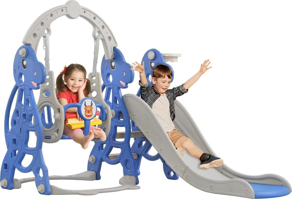 JOIEYOU Rutsche Kinderrutsche 4-in-1 Set, Kinder Spielzeugrutsche Indoor Outdoor mit Basketballkorb & Schaukelstuhl, für Max 50KG ab 1-6 Jahre Kin...