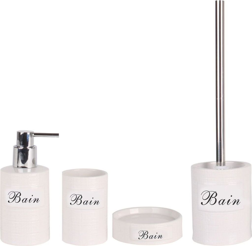MSV Badezimmer Set, 4-teiliges Badzubehör aus Keramik Dinan Seifenspender, WC Bürste, Seifenschale und Zahnputzbecher Weiß