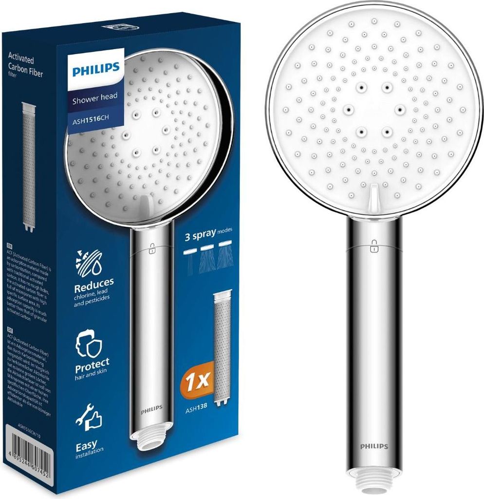 A product box and the shower head itself are displayed.