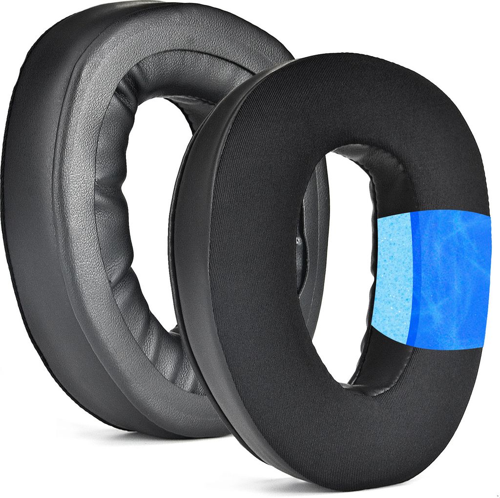 Two black ear pads for headphones are shown against a white background. One ear pad is gray and the other is black with a blue accent.