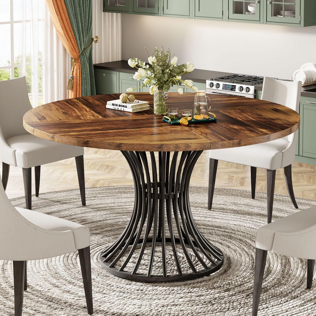 LITTLE TREE Runder Esstisch für 4-6 Personen, Landhausstil, Küchentisch, Industrie-Esstisch mit Metallgestell, rustikales Braun,120 cm