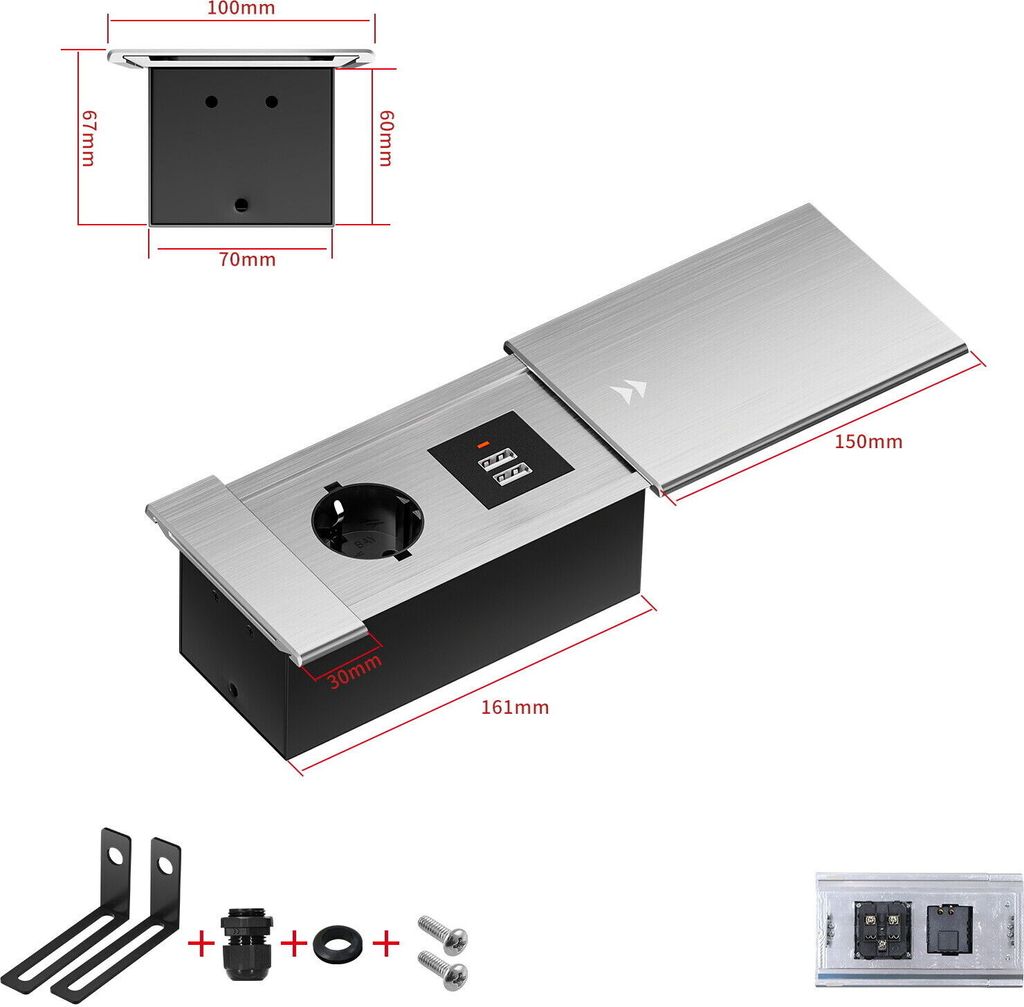Einbausteckdose Aluminium Tischsteckdose Bodensteckdose Fußboden Steckdose 230V Modell A / 1-Fach + USB / Silber